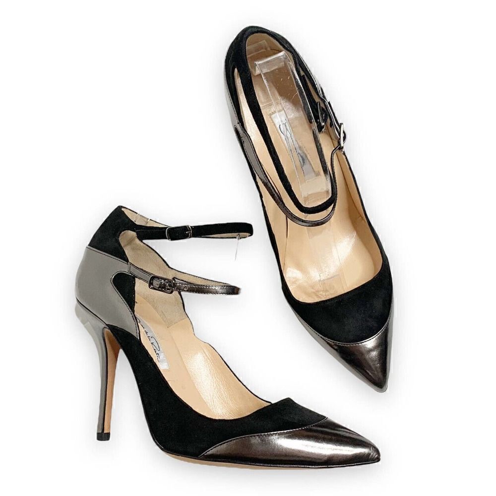 Oscar de la Renta Black Suede Metallic Leather Strap Pumps Women’s Size 37 / 6.5